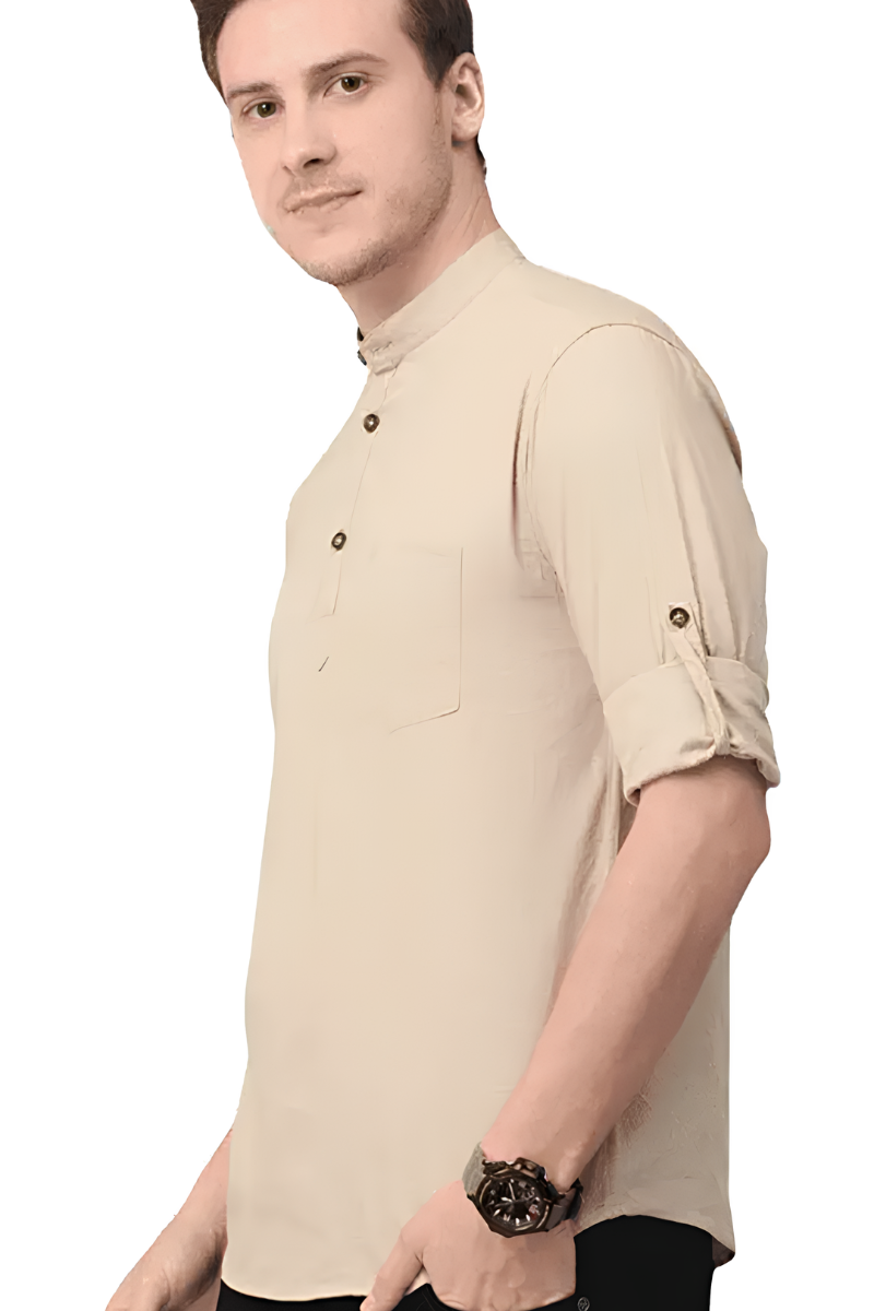 Men's Beige Mandarin Collar Shirt