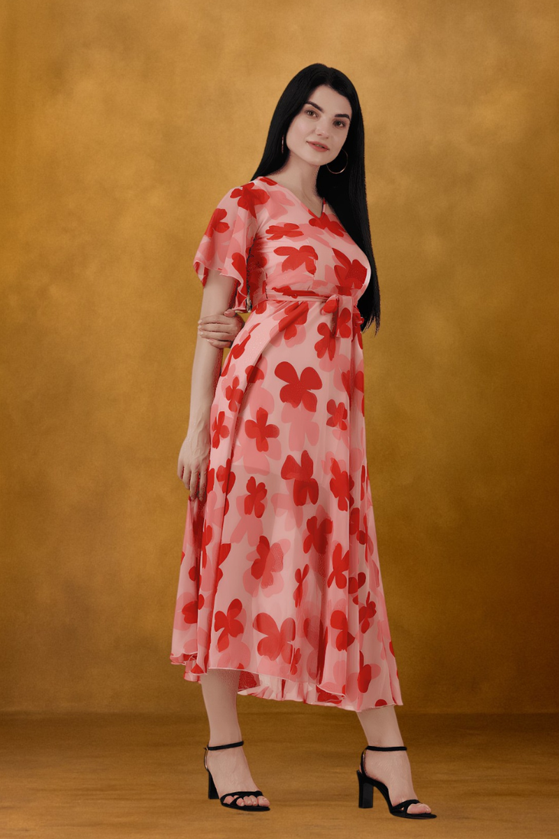 Floral Print Red Maxi Dress