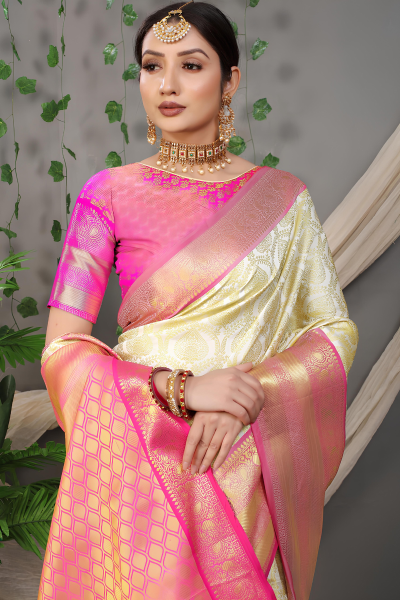Elegant Ivory and Pink Silk Saree