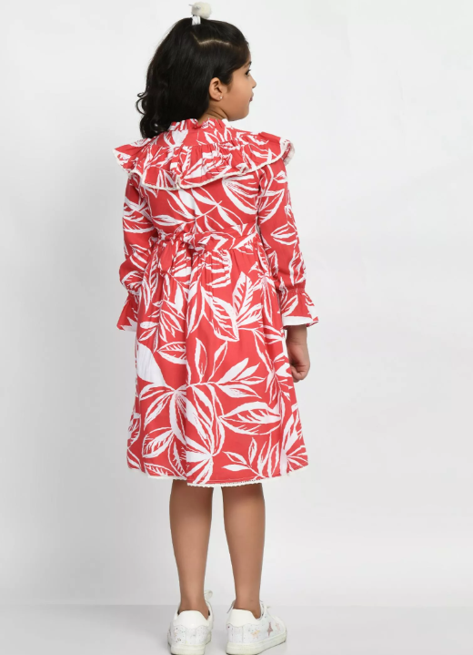 Girls' Red Leaf Print Dress