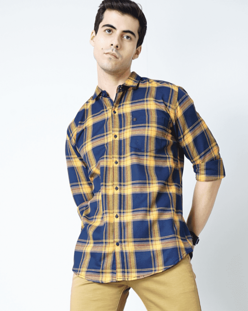 Men's Yellow and Blue Checked Shirt