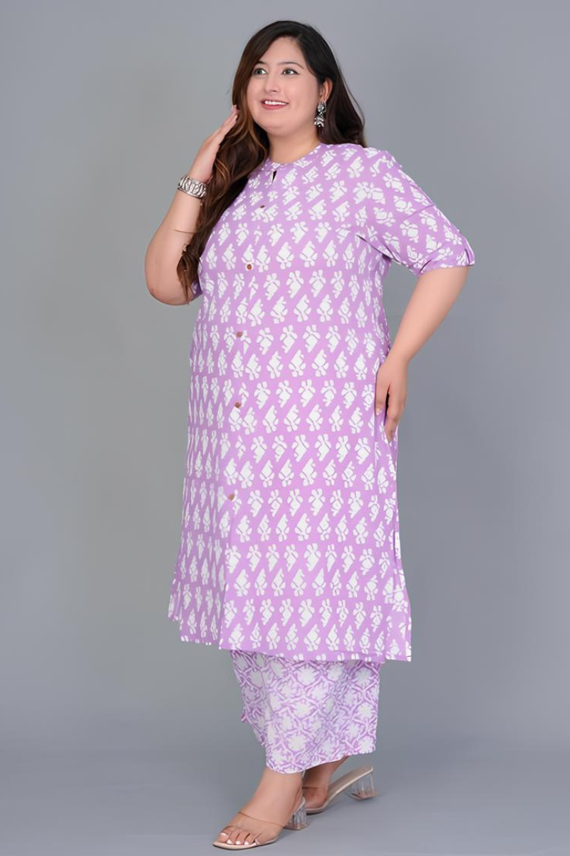 Plus Lavender Printed Kurta Set