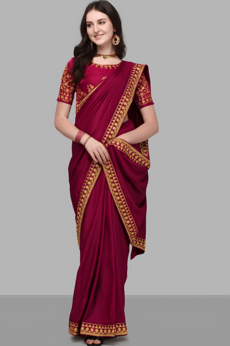 Maroon Saree with Golden Embroidery
