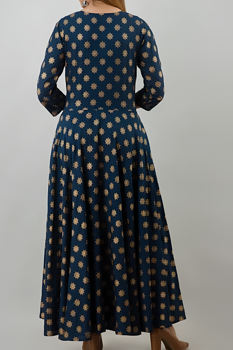 Elegant Navy Blue Printed Maxi Dress