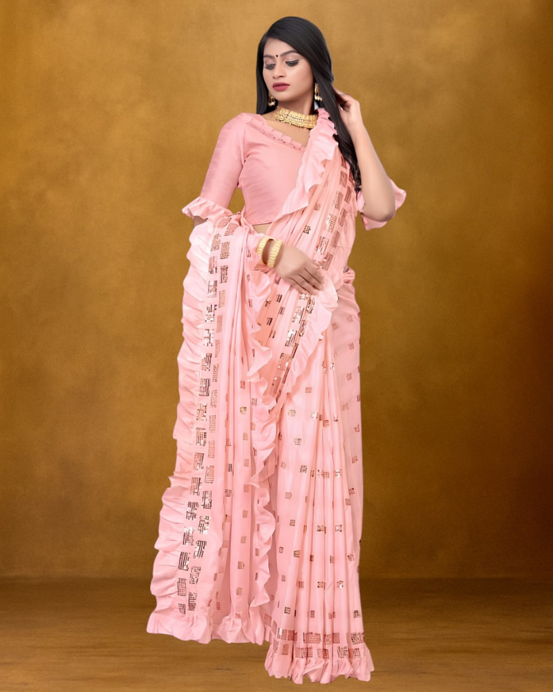 Elegant Pink Ruffle Saree