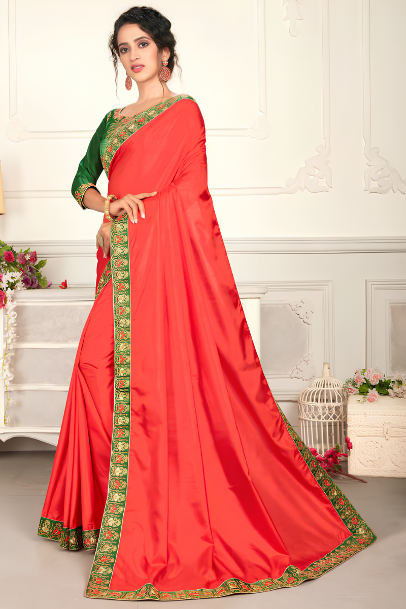 Red Silk Saree with Green Blouse