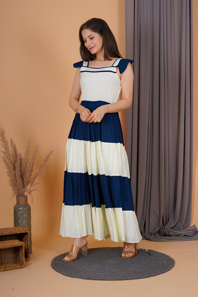 Blue and White Tiered Maxi Dress