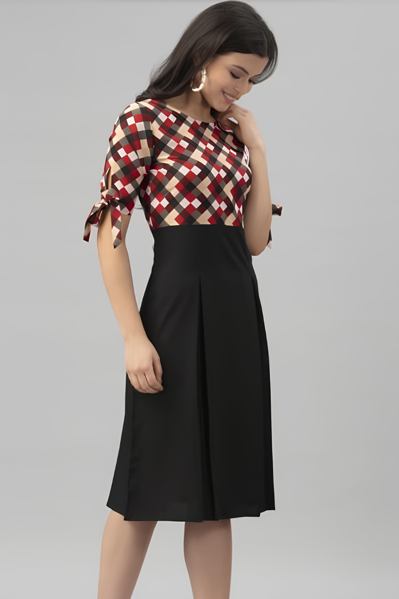 Checkered and Black Midi Dress