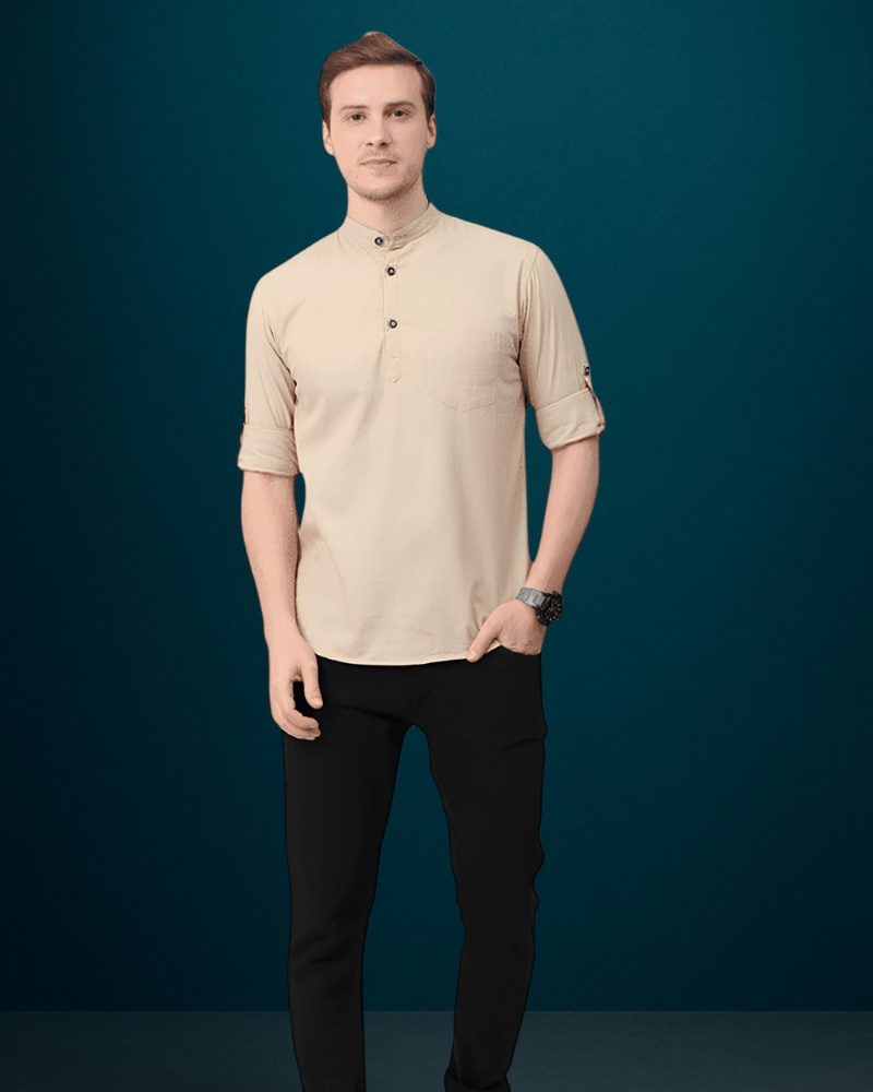 Men's Beige Mandarin Collar Shirt