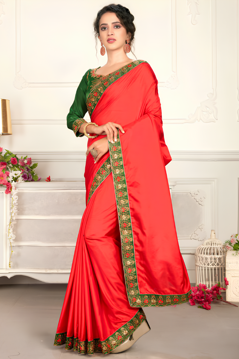Red Silk Saree with Green Blouse