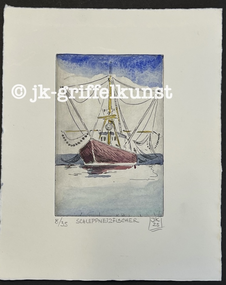 Originalradierung Schleppnetzfischer