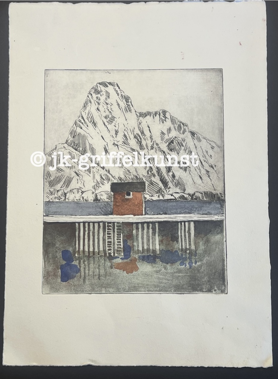 Originalradierung Fischerhütte Insel Værøya