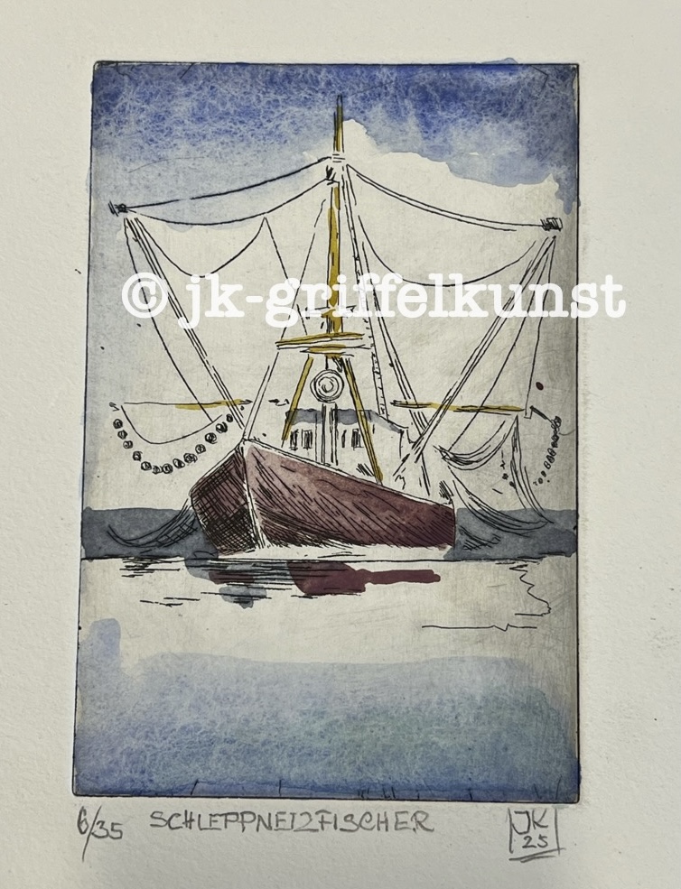 Originalradierung Schleppnetzfischer