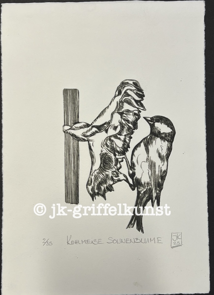 Originalradierung Kohlmeise Sonnenblume