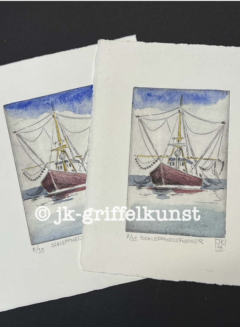 Originalradierung Schleppnetzfischer