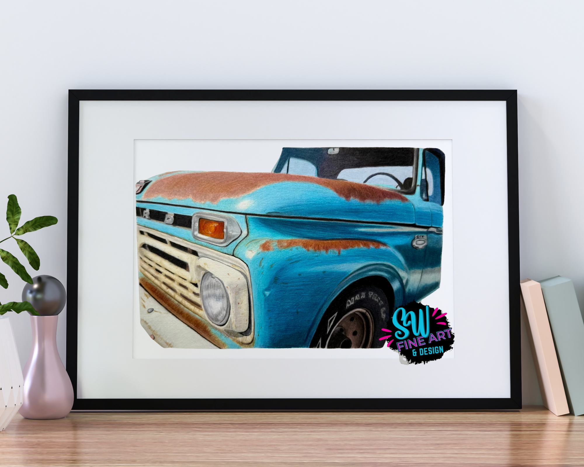 Vintage Blue Truck Pencil Drawing Original