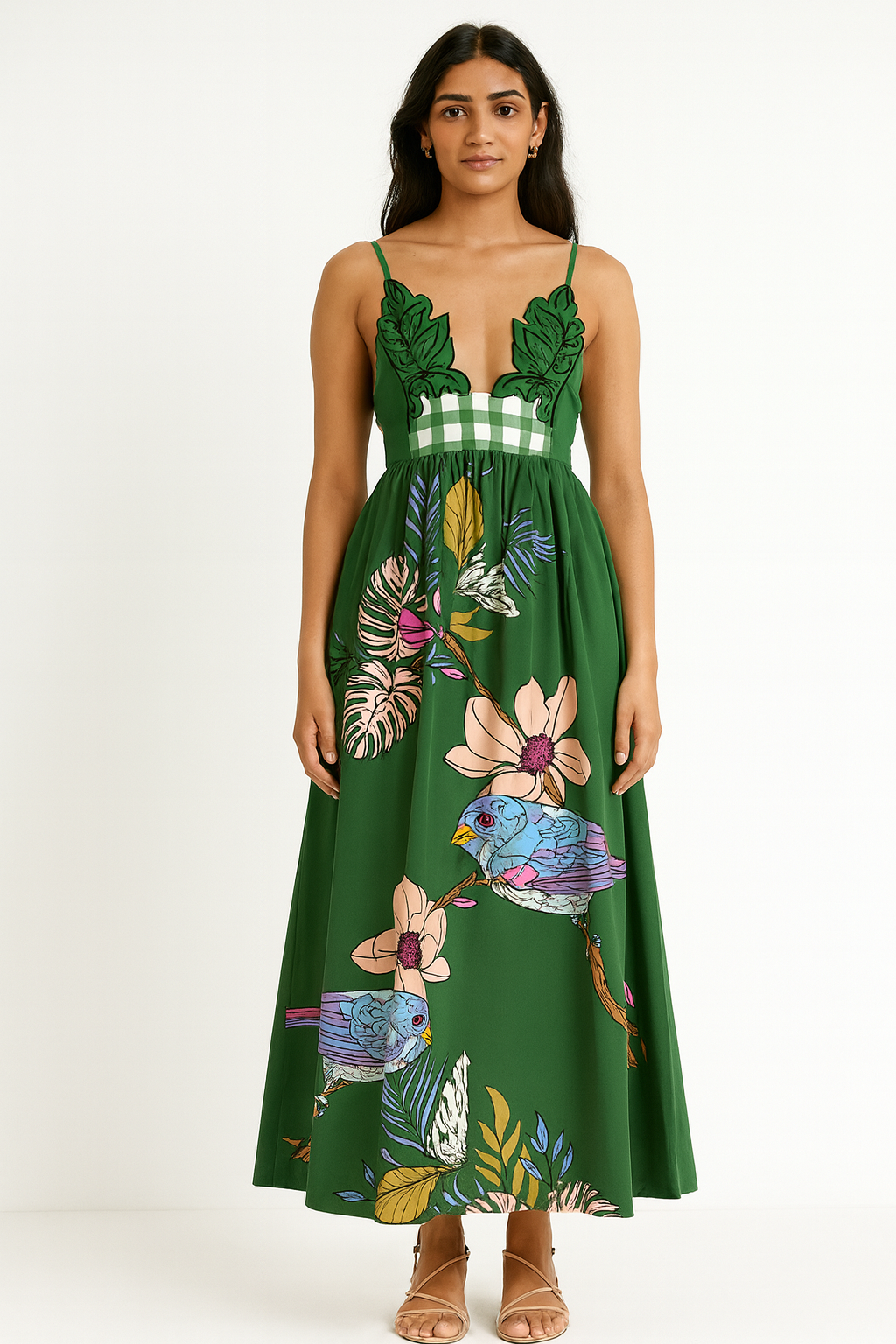 Green botanical print maxi dress