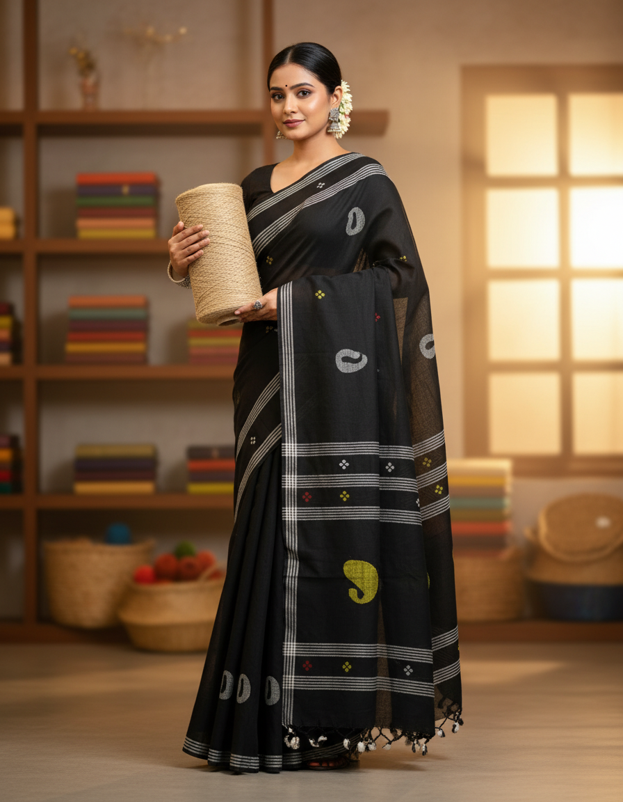 Handwoven Black Hemp Cotton Saree