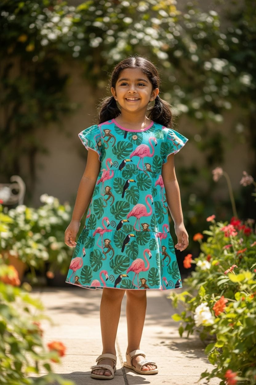 Girls' Flamingo Print Summer Dress