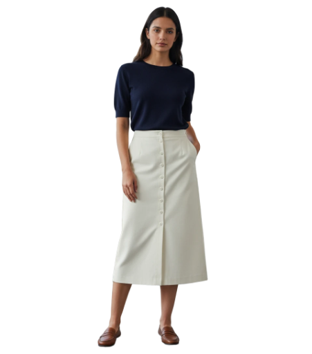 Ivory Button-Front Midi Skirt