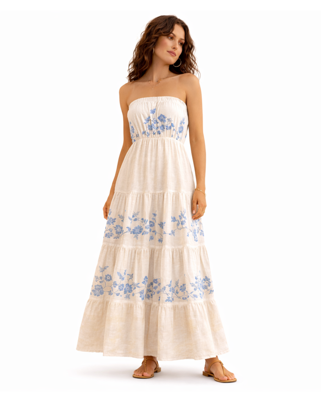 Blue Floral Strapless Tiered Maxi Dress
