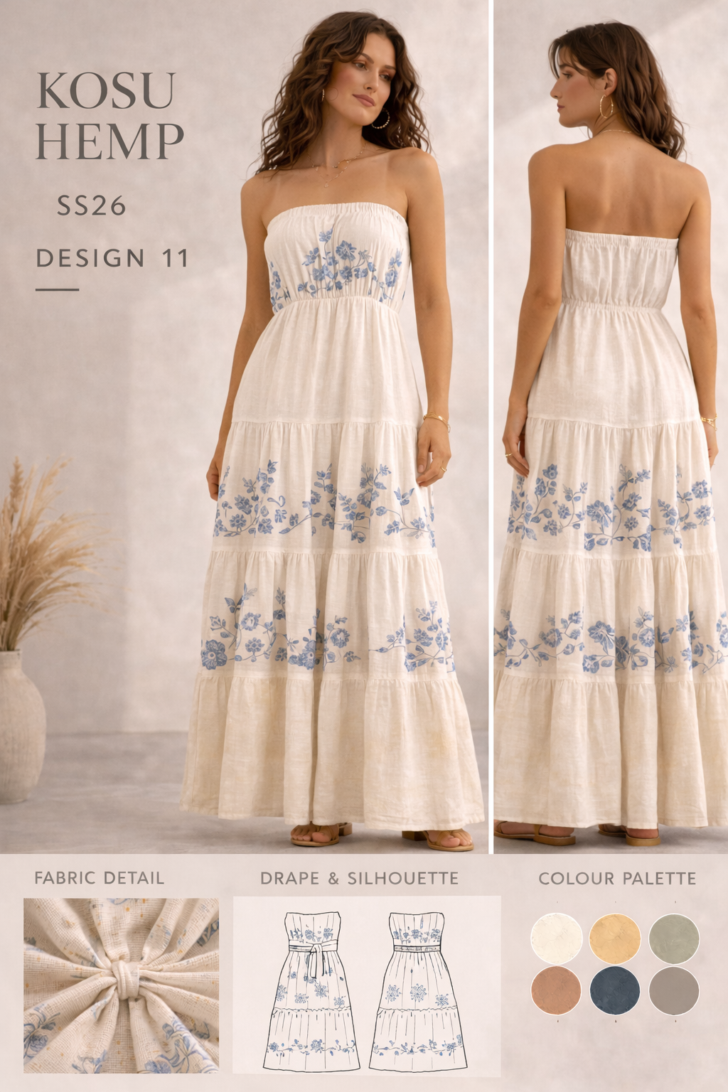 Blue Floral Strapless Tiered Maxi Dress