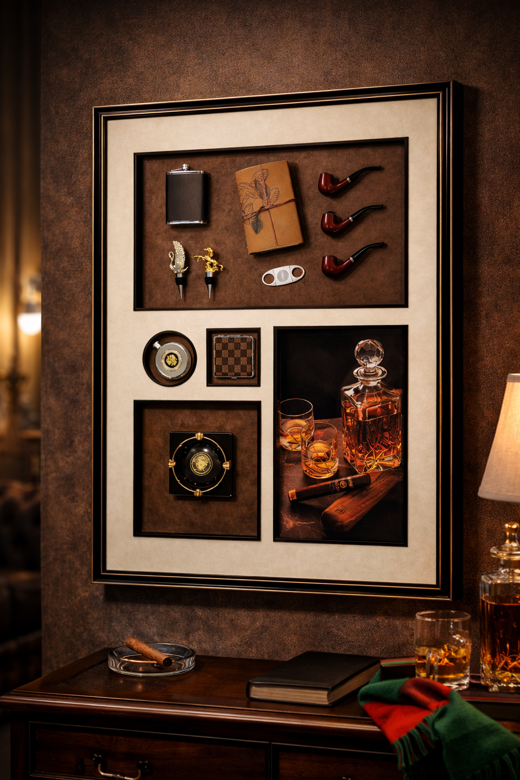 Gentleman’s 3D Luxury Display Frame – Whisky, Cigars & Classic Accessories