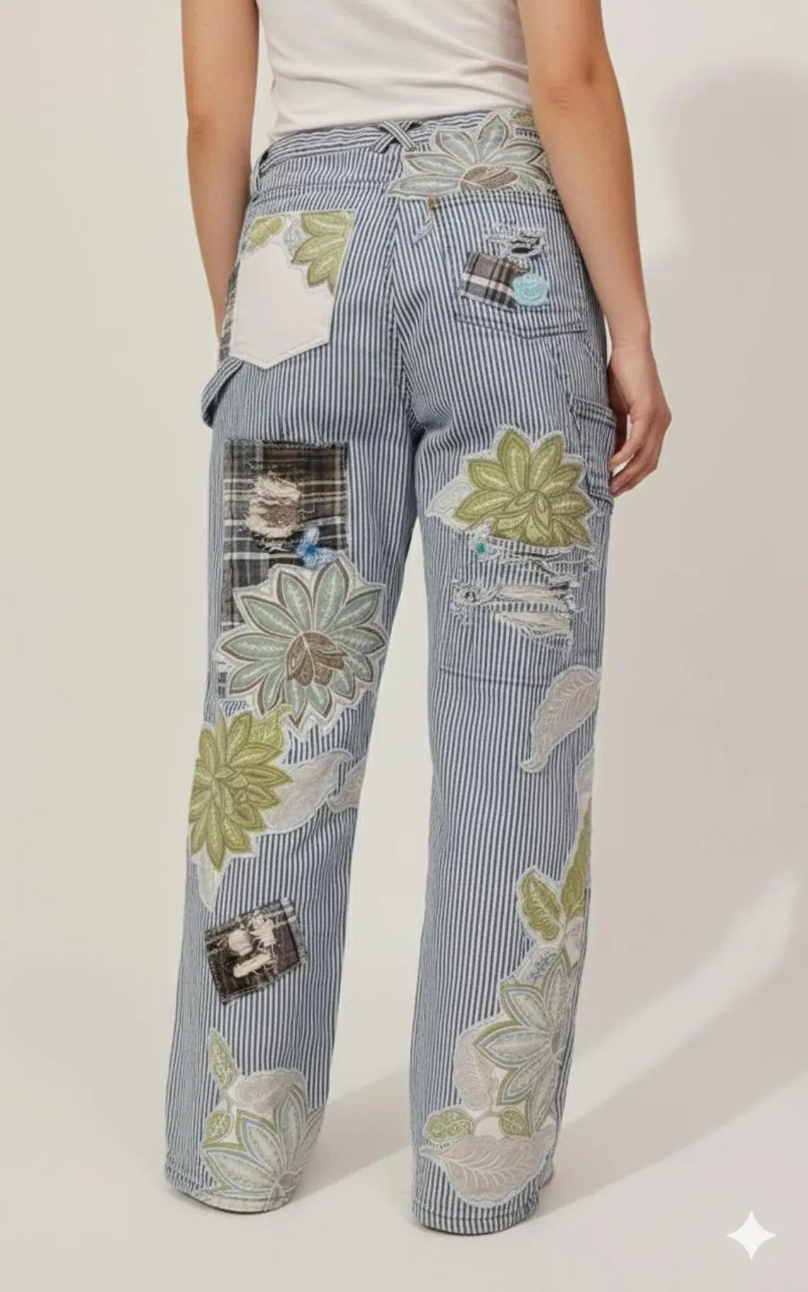 Upcycled Patchwork railroad stripe Denim Jean. SZ-30 Womems SZ-8/9