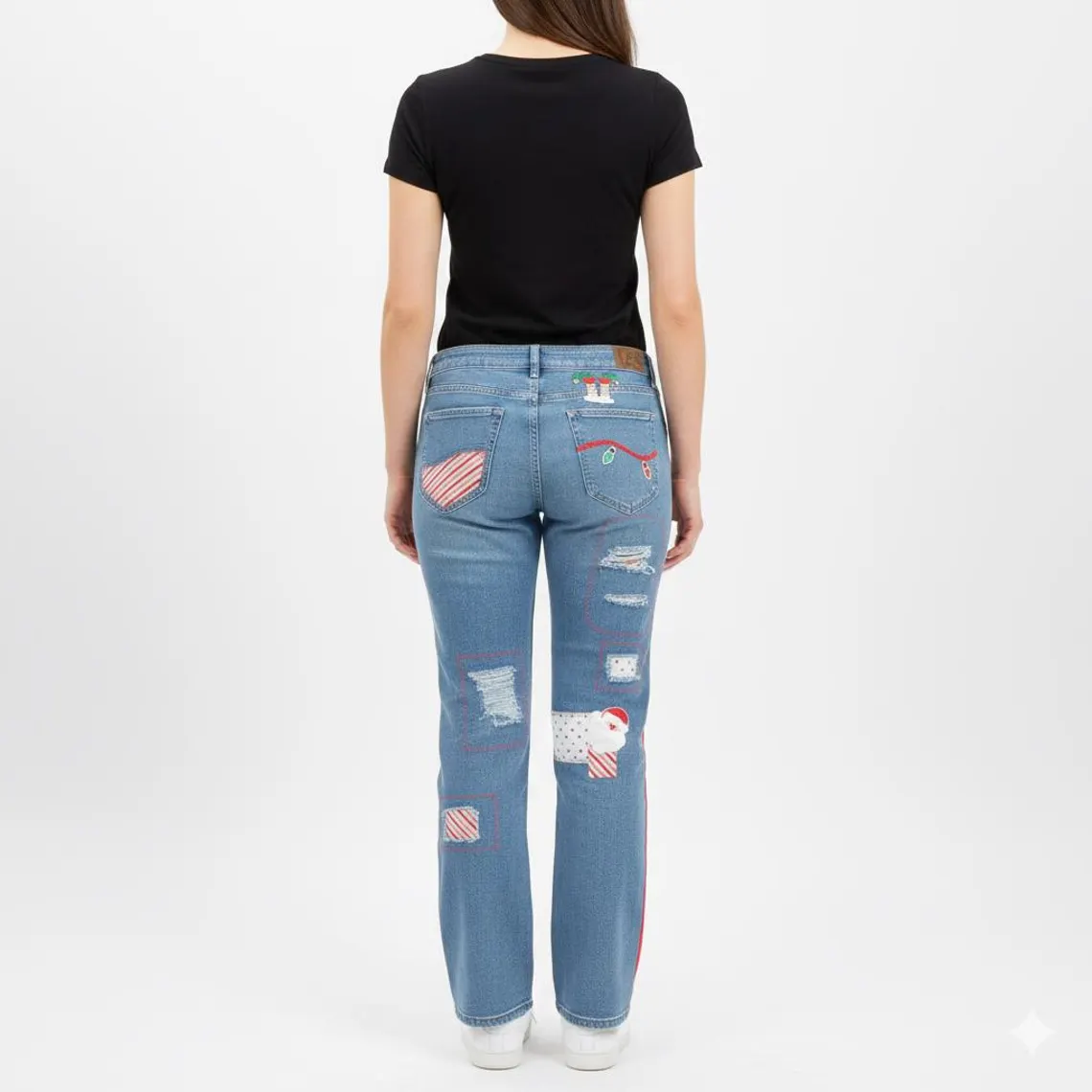 Custom Upcycled Holiday Theme Patchwork Women's Jeans Lee size 14S