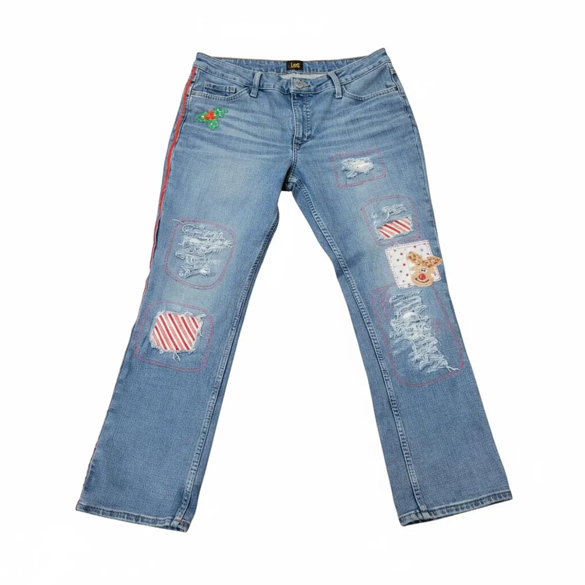 Custom Upcycled Holiday Theme Patchwork Women's Jeans Lee size 14S