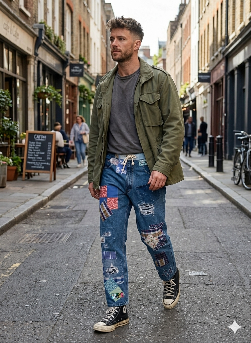 Unisex Upcycled Patchwork Denim Jeans: Levi 569, Drawstring Waist