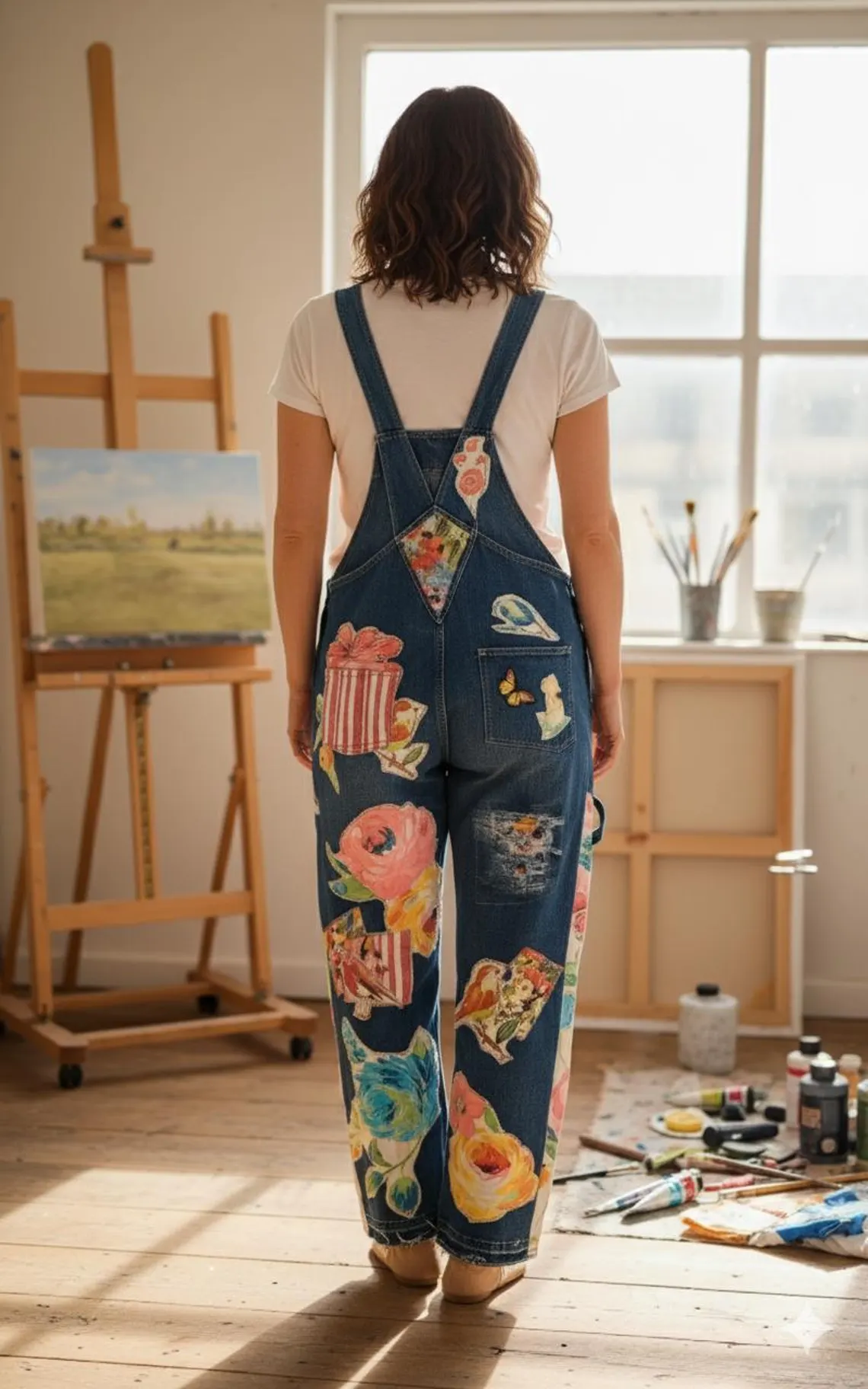 Upcycled Patchwork Denim Overalls: Handcrafted Floral Garden Party Design