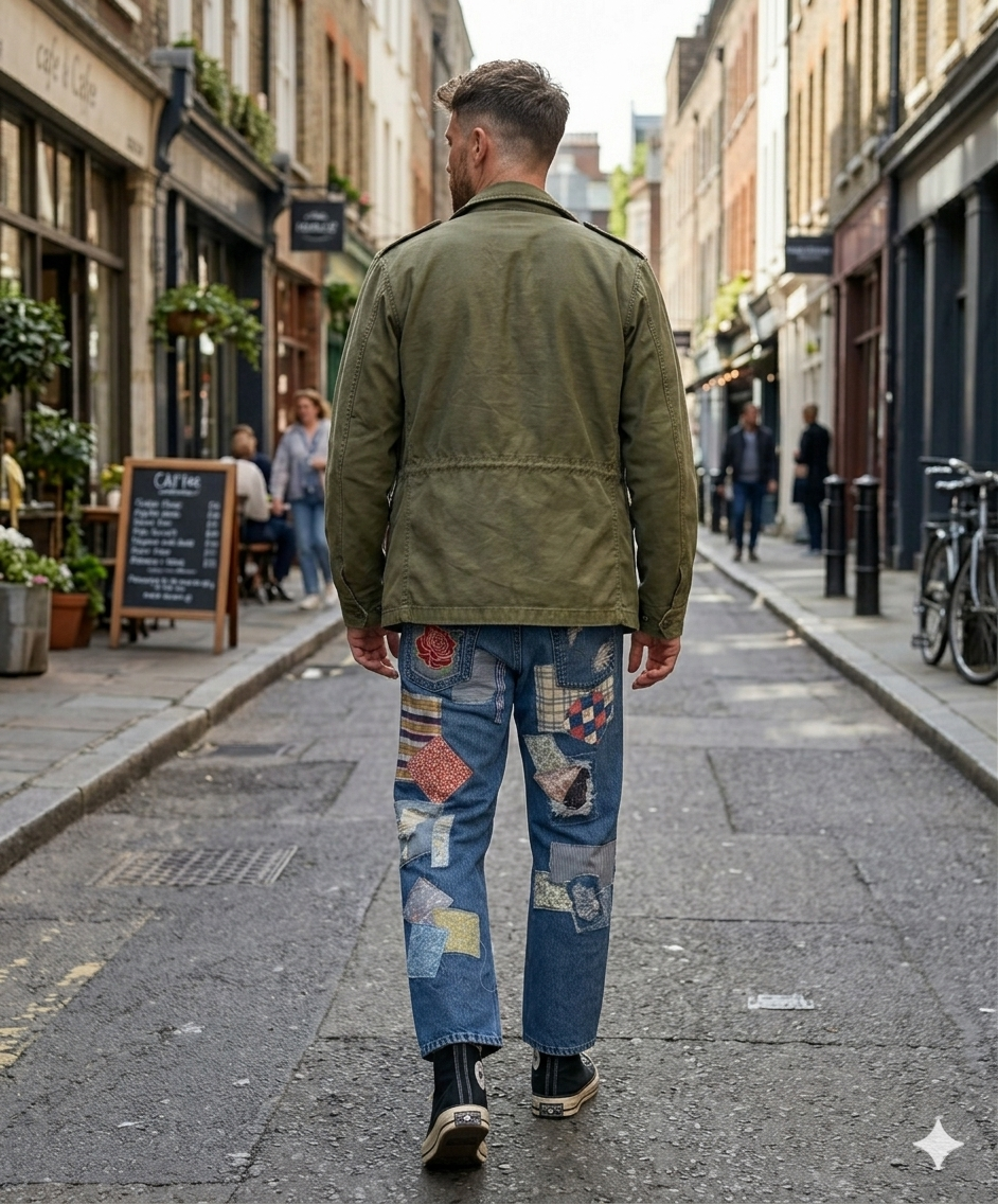 Unisex Upcycled Patchwork Denim Jeans: Levi 569, Drawstring Waist