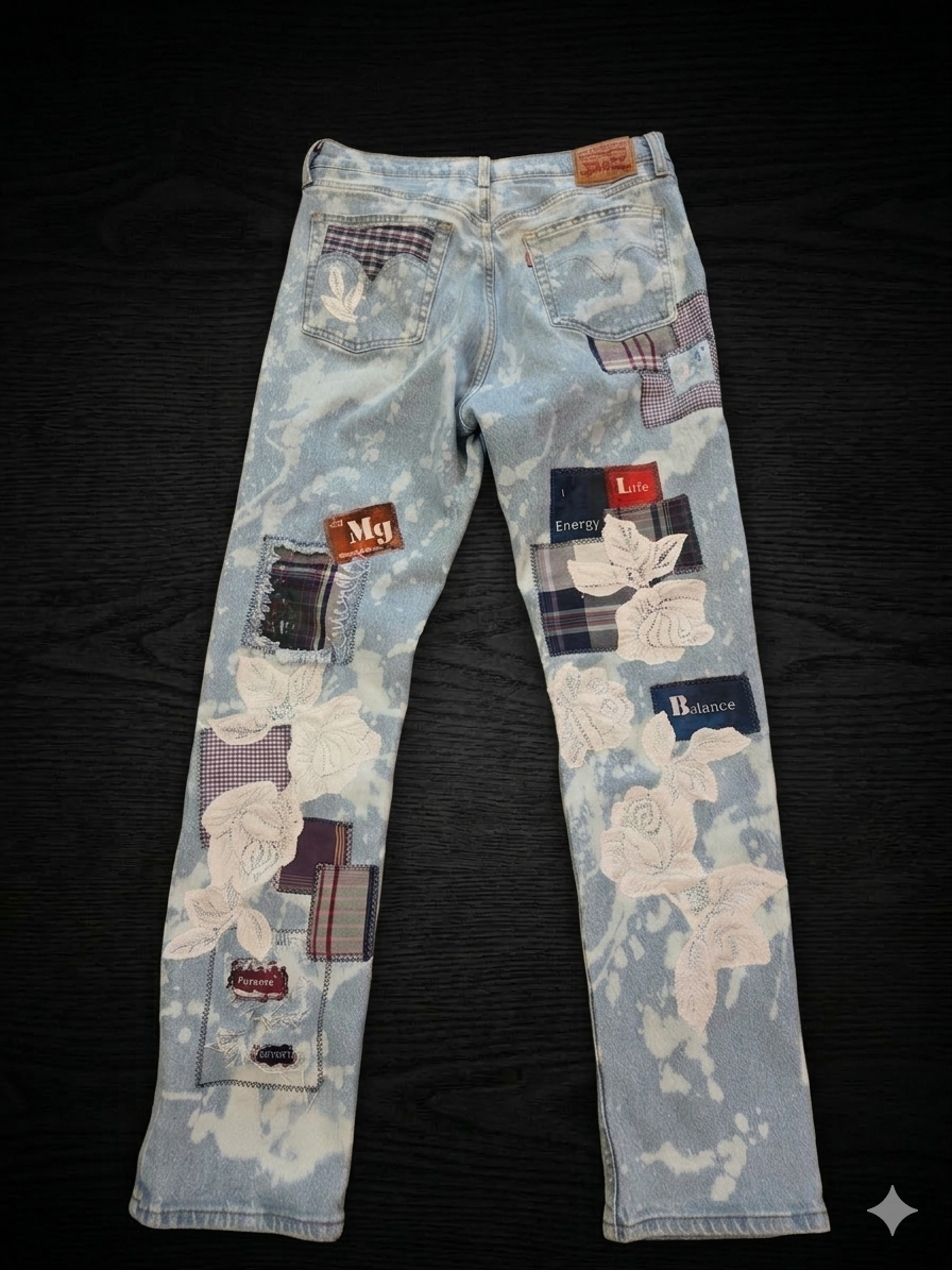 Levi 501 Button Fly Upcycled Patchwork Denim Jeans 31x32