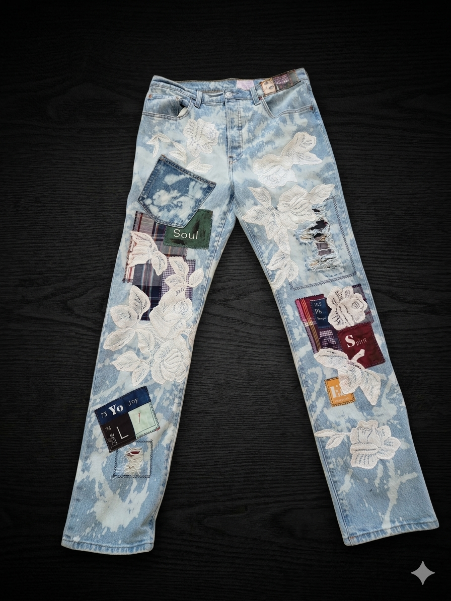 Levi 501 Button Fly Upcycled Patchwork Denim Jeans 31x32