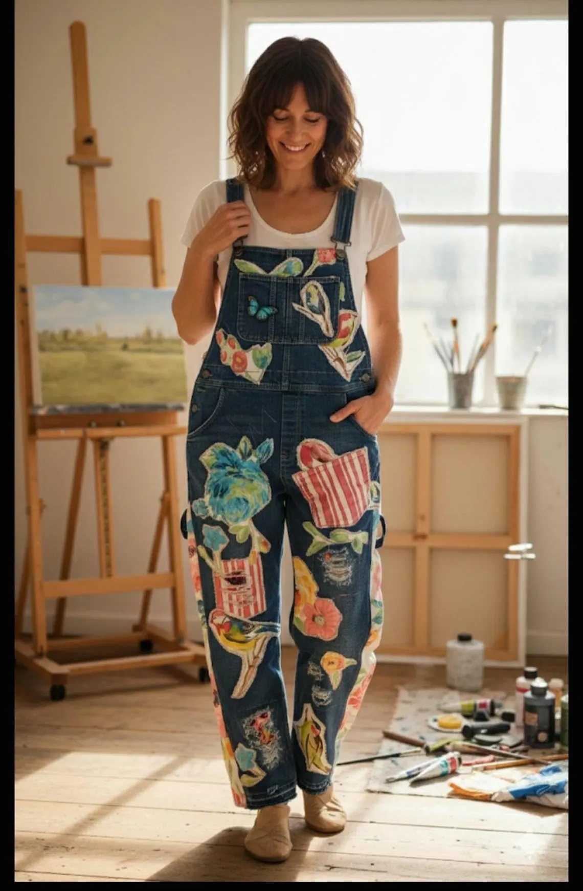 Upcycled Patchwork Denim Overalls: Handcrafted Floral Garden Party Design