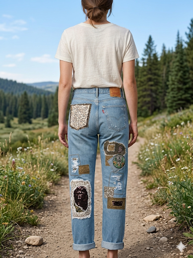 LEVI Button Fly 501 32x34 Upcycled Patchwork Jeans with animal print theme