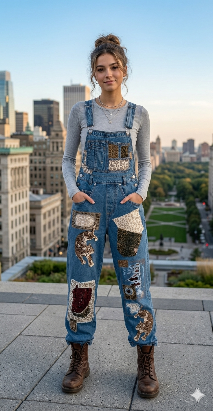 One-of-a-Kind Upcycled Patchwork Denim Overalls with animal print motif. Size XS