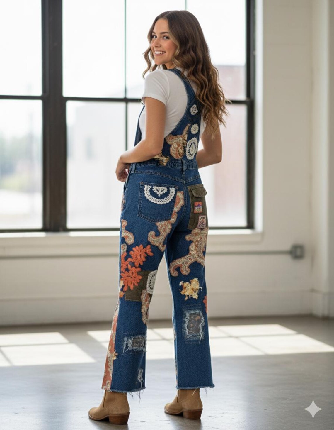 Custom One-of-a-Kind Hand Crafted upcycled patchwork denim womens overalls. SZ 14