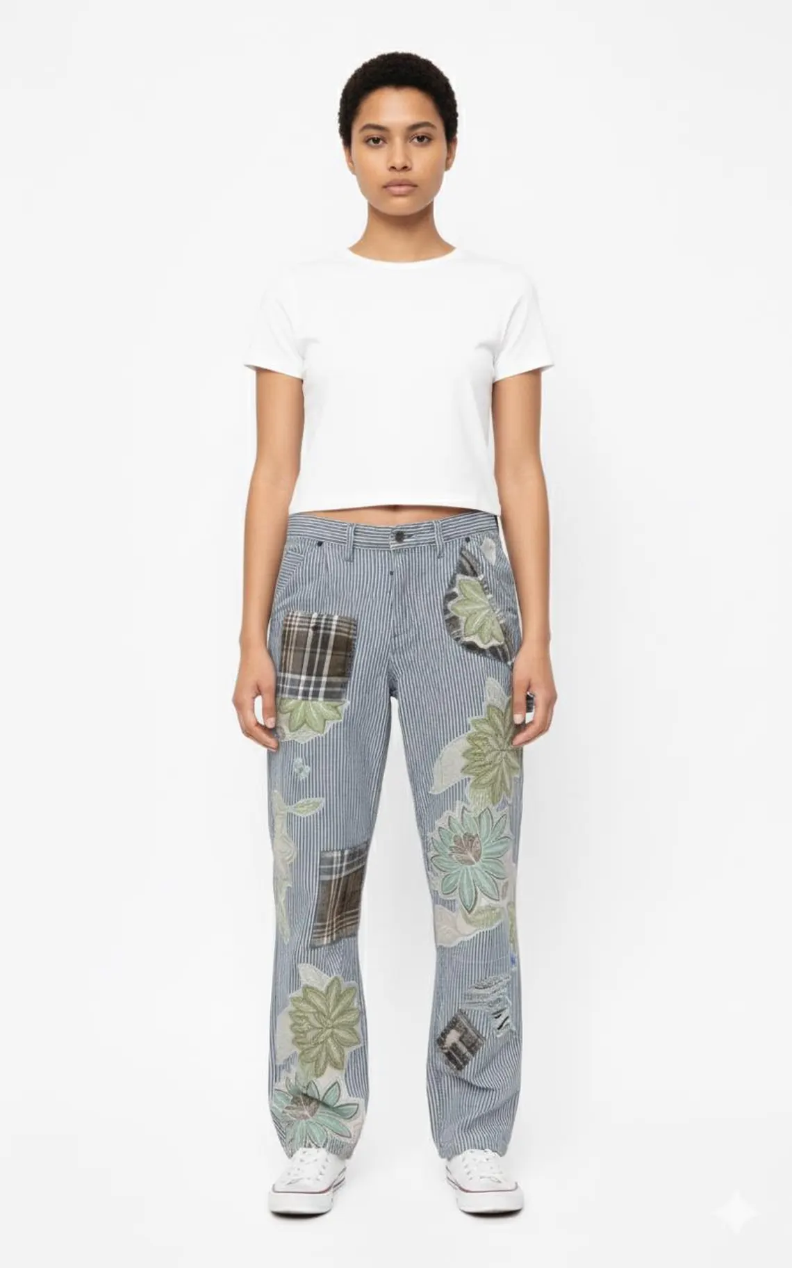 Upcycled Patchwork railroad stripe Denim Jean. SZ-30 Womems SZ-8/9