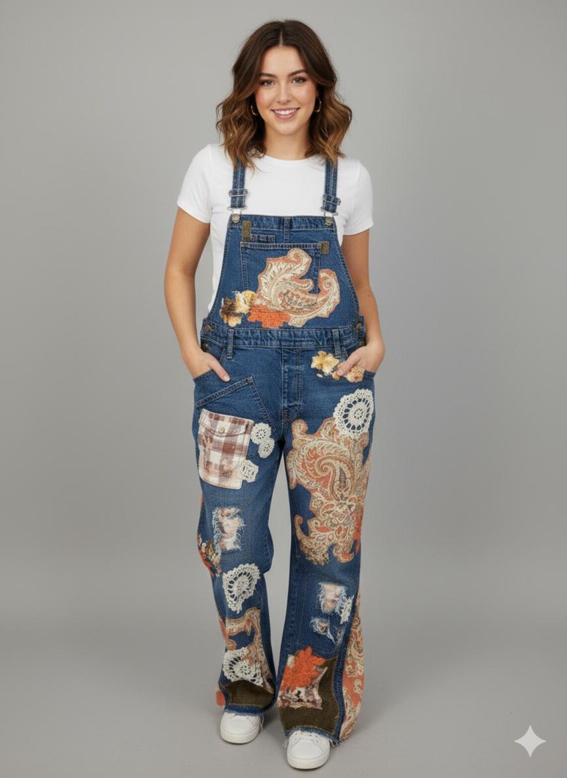 Custom One-of-a-Kind Hand Crafted upcycled patchwork denim womens overalls. SZ 14