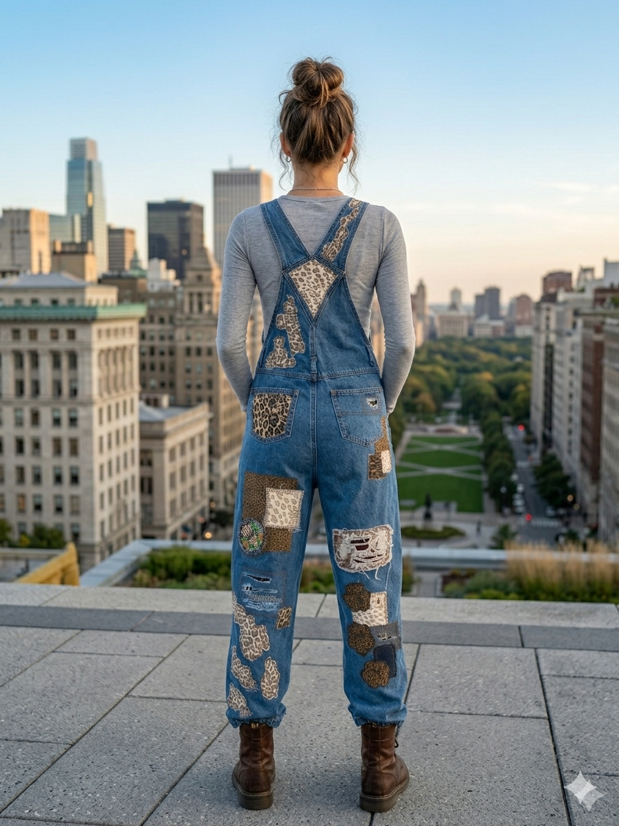 One-of-a-Kind Upcycled Patchwork Denim Overalls with animal print motif. Size XS