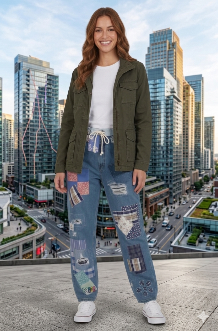 Unisex Upcycled Patchwork Denim Jeans: Levi 569, Drawstring Waist