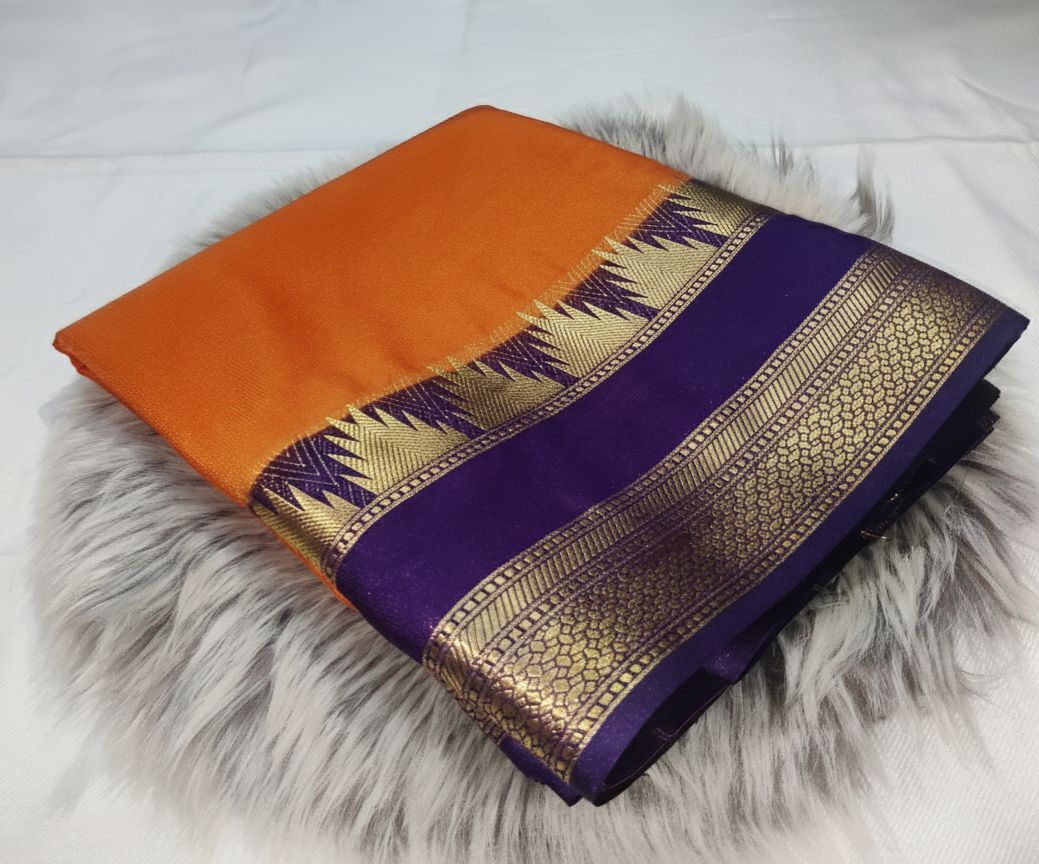 Orang And Purple Saree With Gold Zari Work - Temple Double Design.