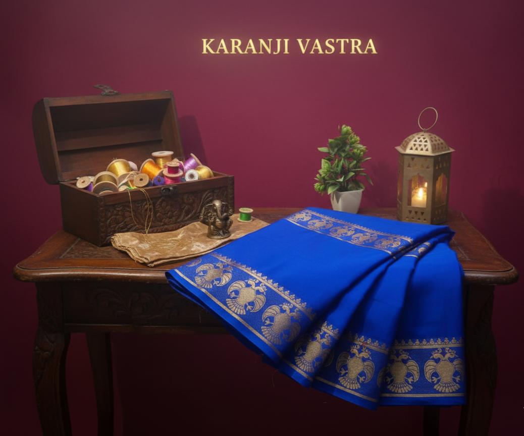 Gandaberunda Royal Blue Premium Semi Crepe Saree