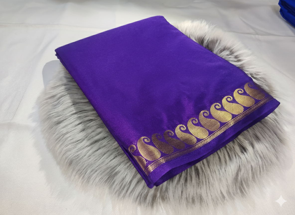 Mango Border - Deep Purple Semi Crepe Silk.