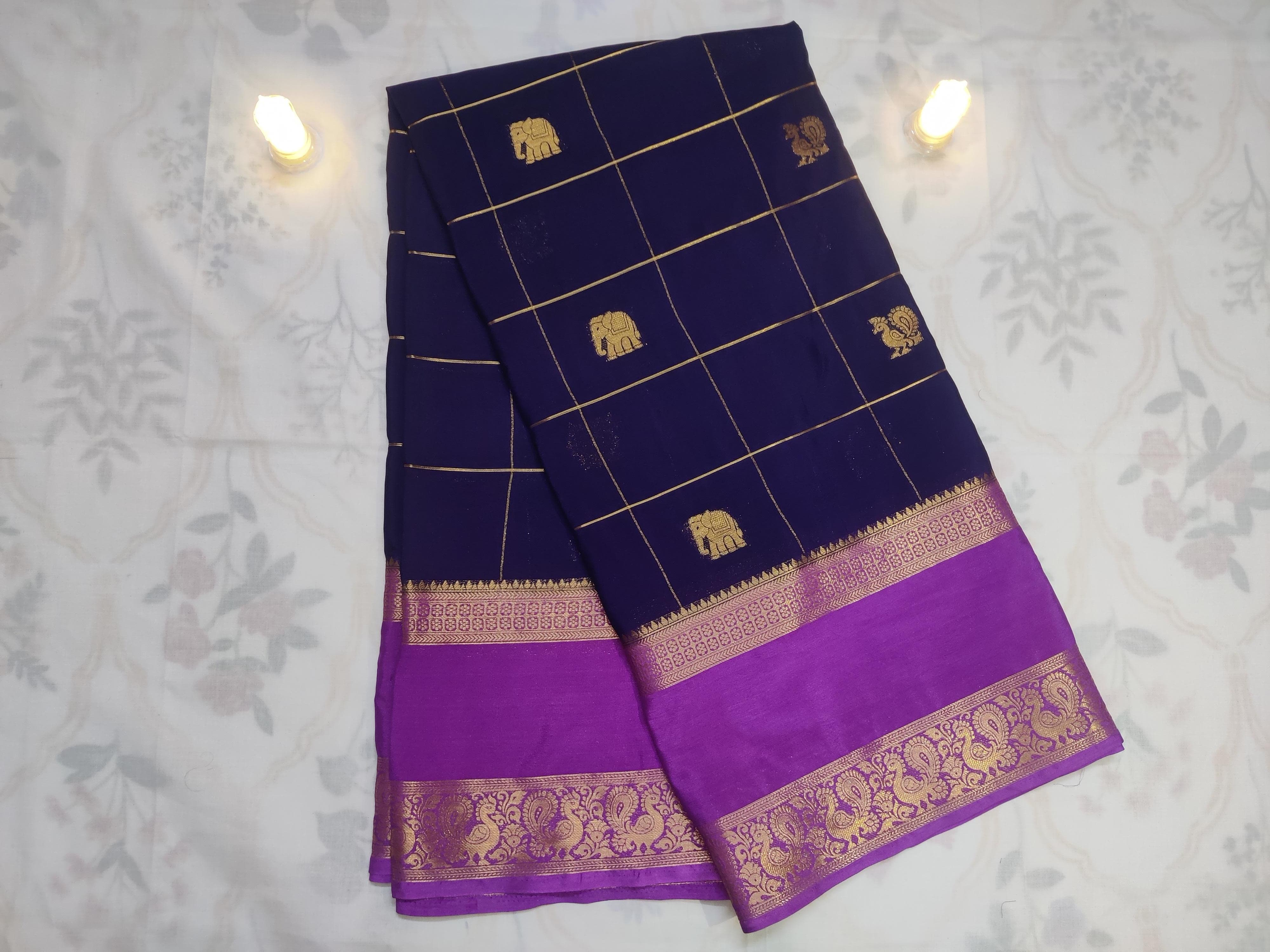 Navy Blue - Premium Mysore Semi Silk Saree