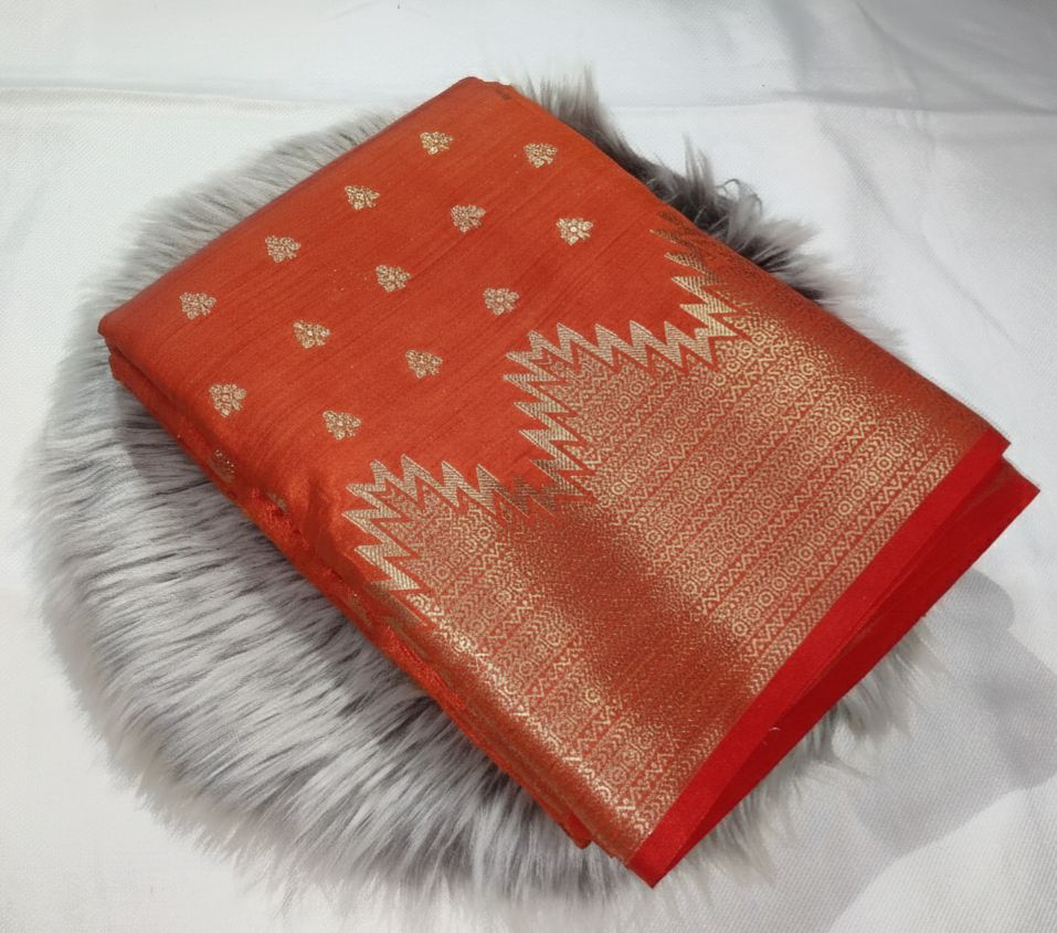 Temple Design - Rust Orange Tusser Butta Saree