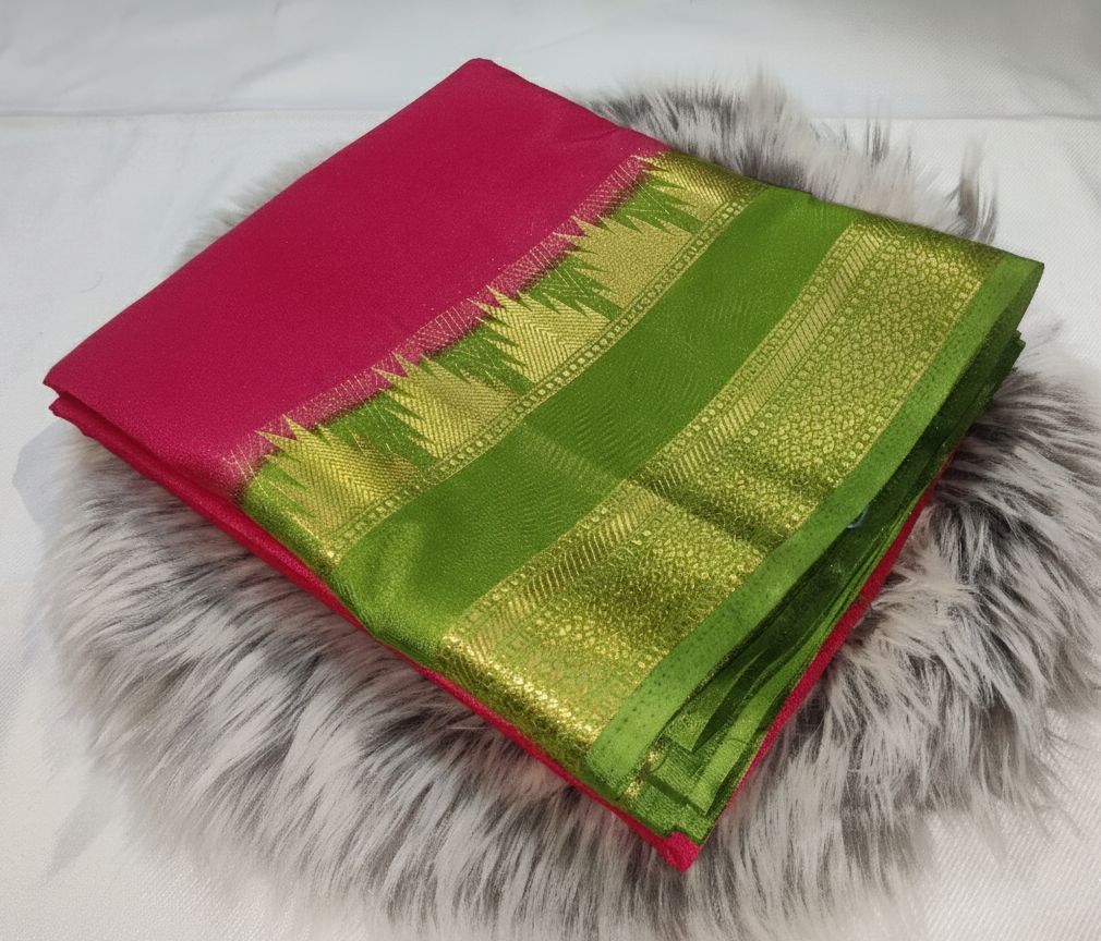 Pink and Green Semi Crepe Silk Saree - Temple Double Design Border. 
