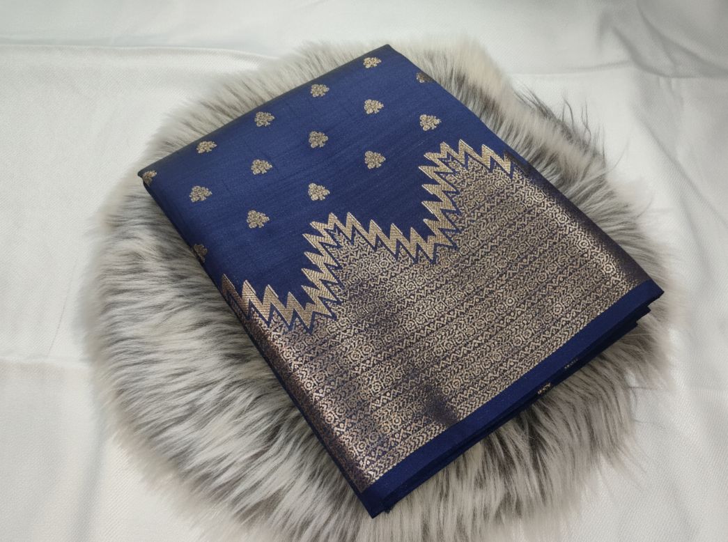 Temple Design - Elegant Navy Blue Tusser Butta Saree